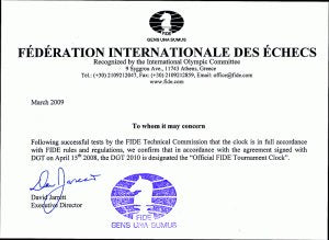 pendule d'échecs DGT 2010 certificat