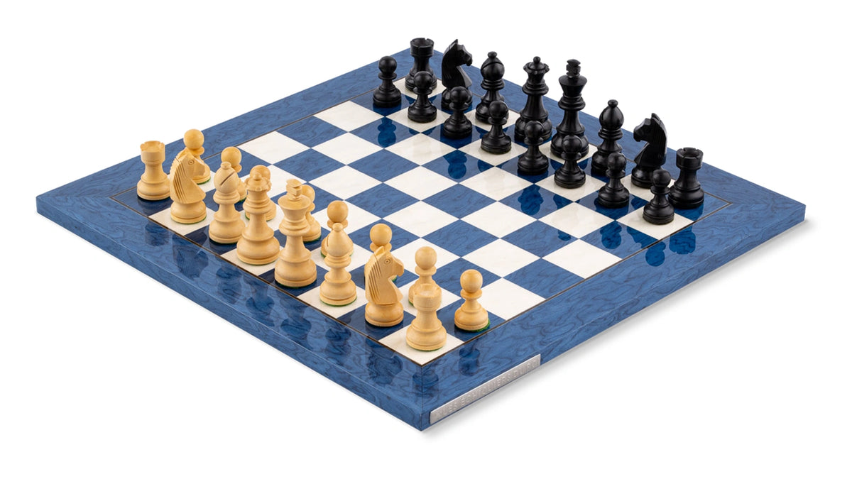 Jeu d’Échecs Saphir en Loupe de Frêne et Buis — vue générale