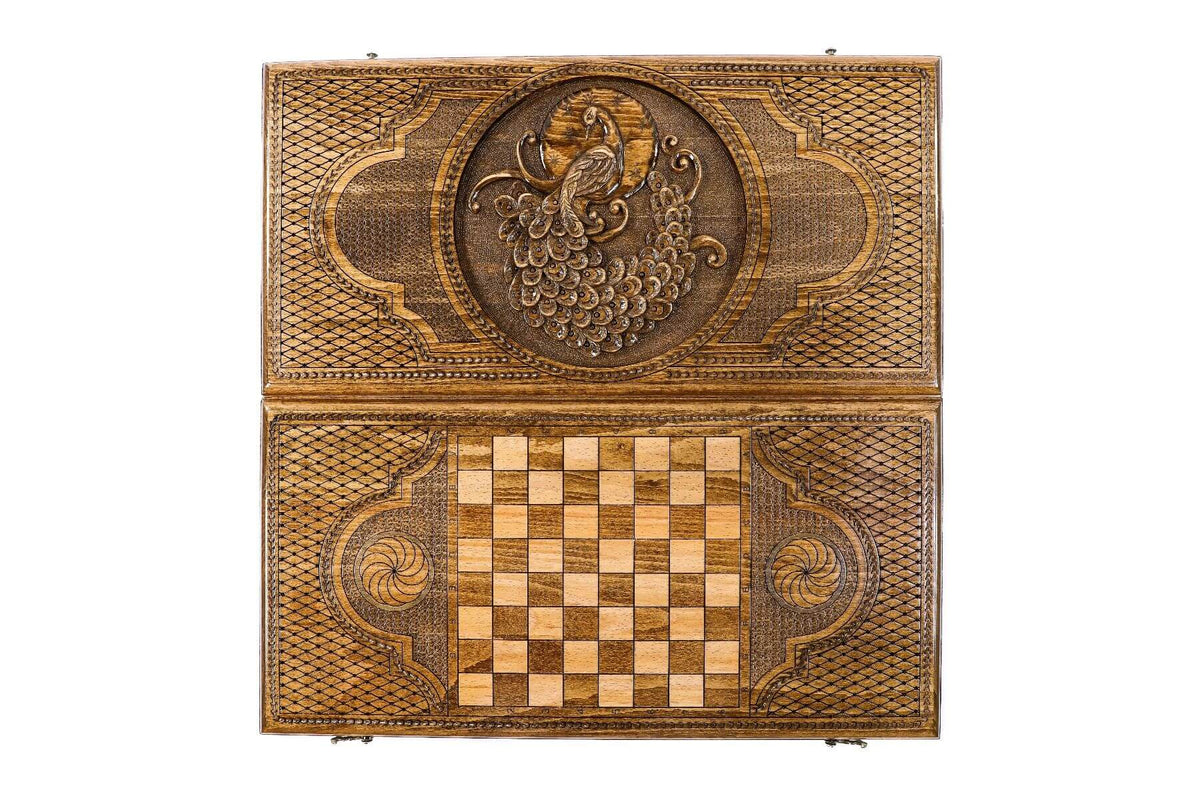 Plateau de Backgammon avec Paon Damier