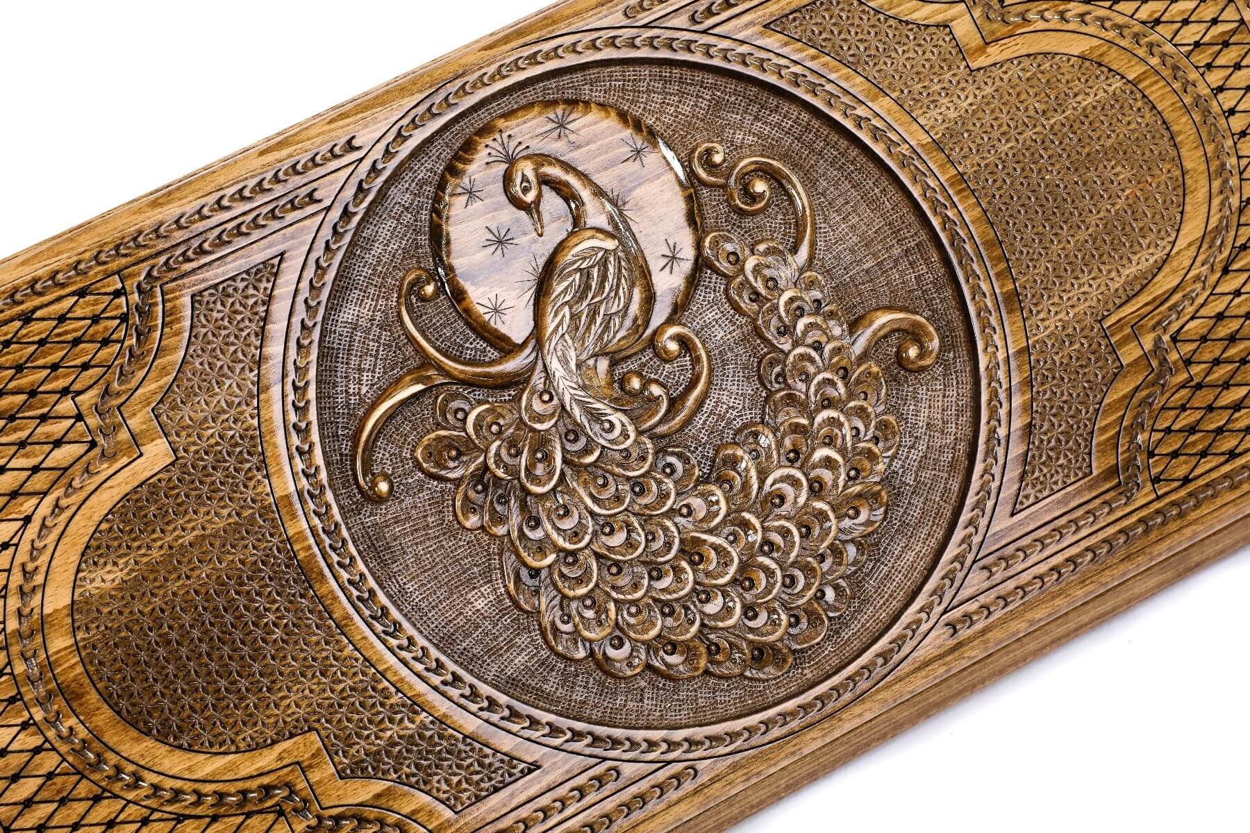 Plateau de Backgammon avec Paon en Bois